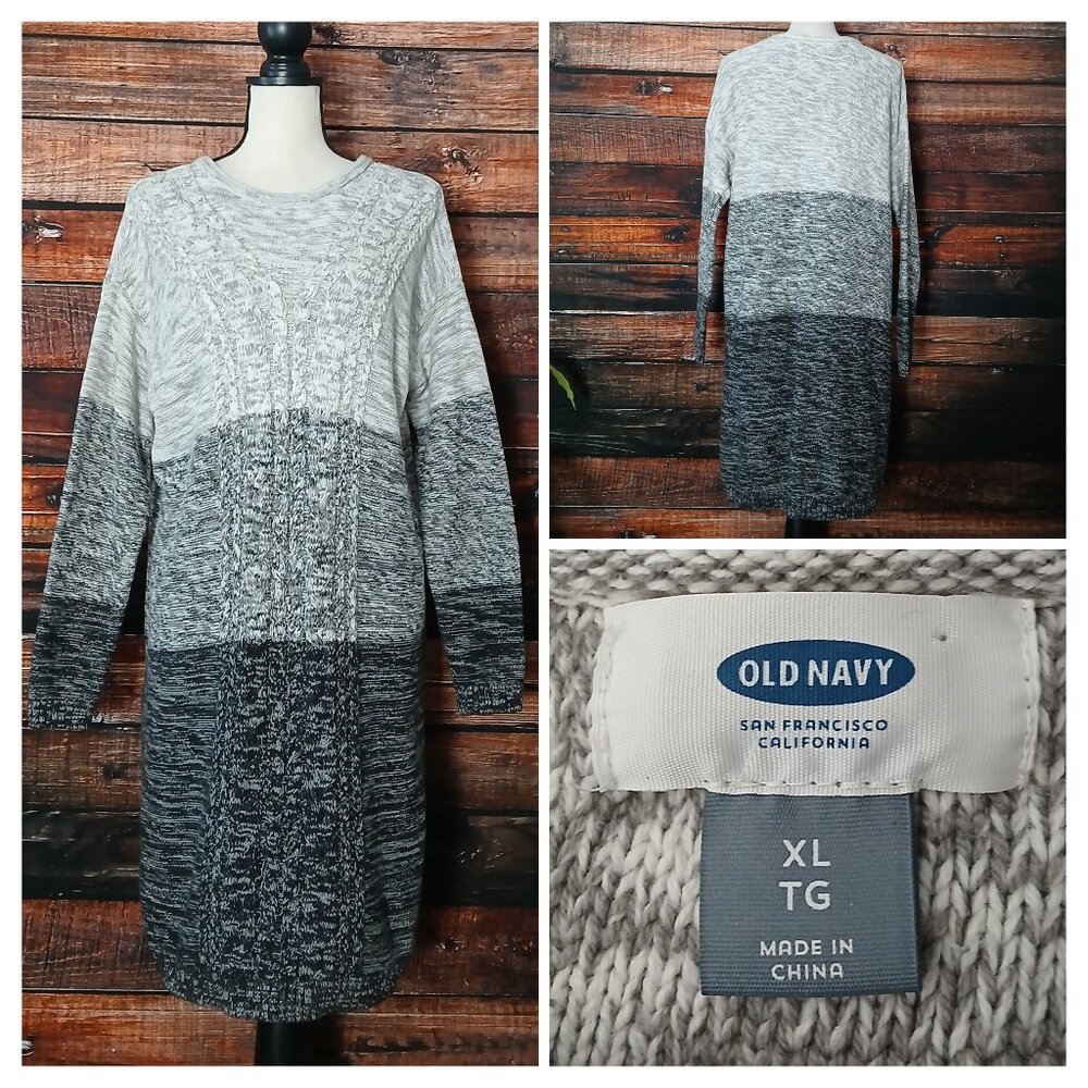 Old Navy Tunic Sweater Dress XL Gray Gradient Colorblock Marled Cable Knit